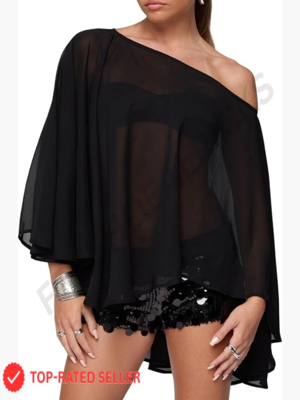 Sheer Chiffon Poncho Top One Shoulder Asymmetrical Mesh Cape Cover Up Y2K